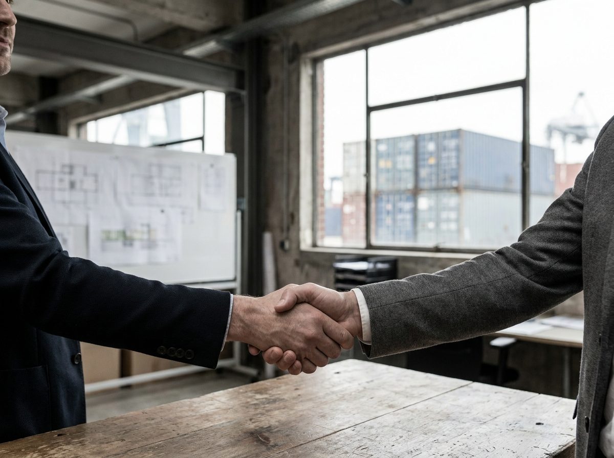 Two professionals shaking hands to close a sourcing agreement