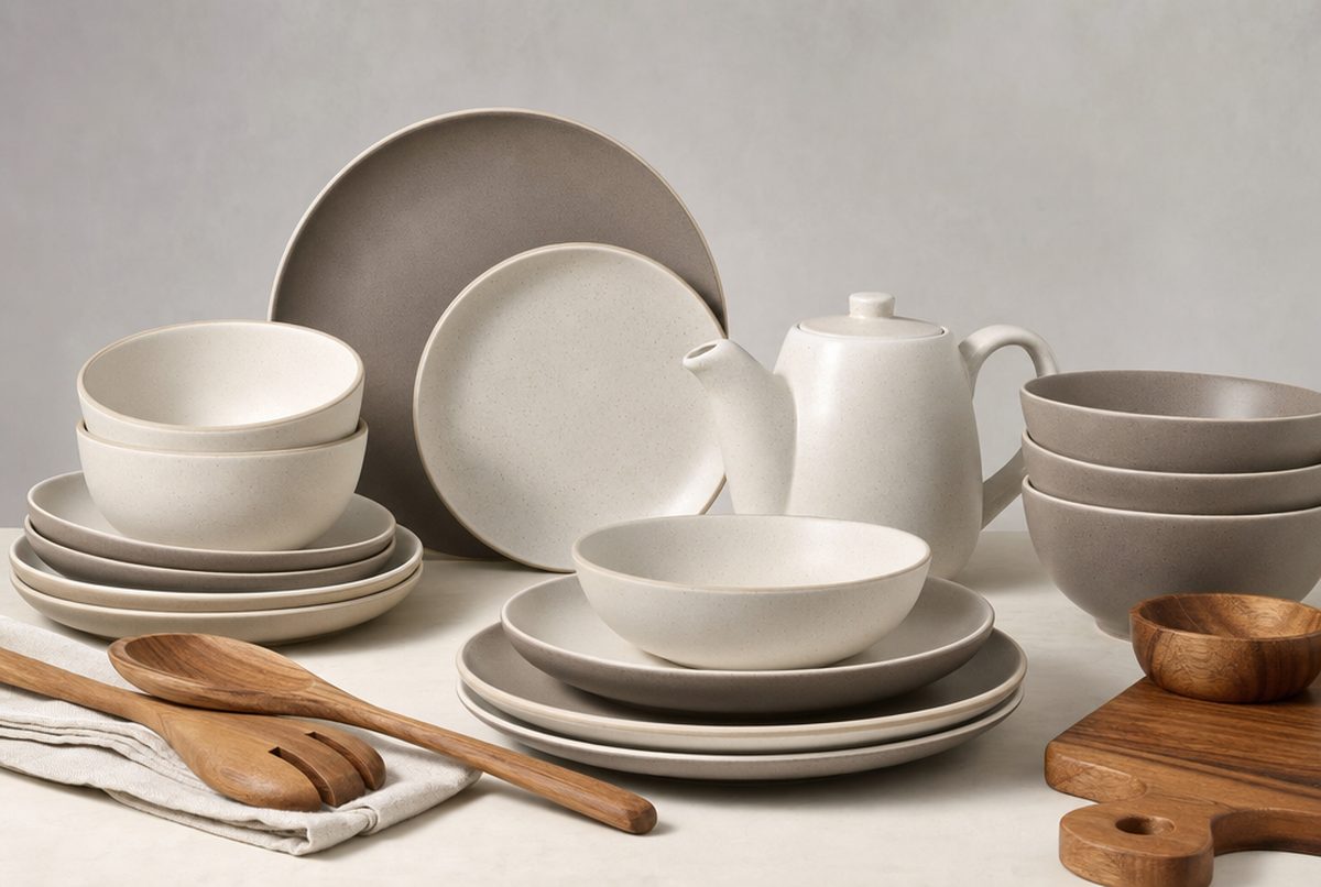 Matte ceramic plates and bowls, a stoneware teapot and wooden utensils arranged as a home essentials product set