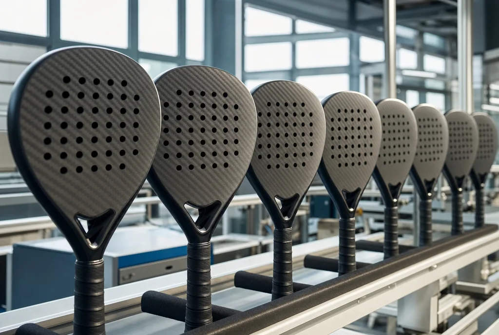 Row of carbon fibre padel rackets on a production rack showing the weave