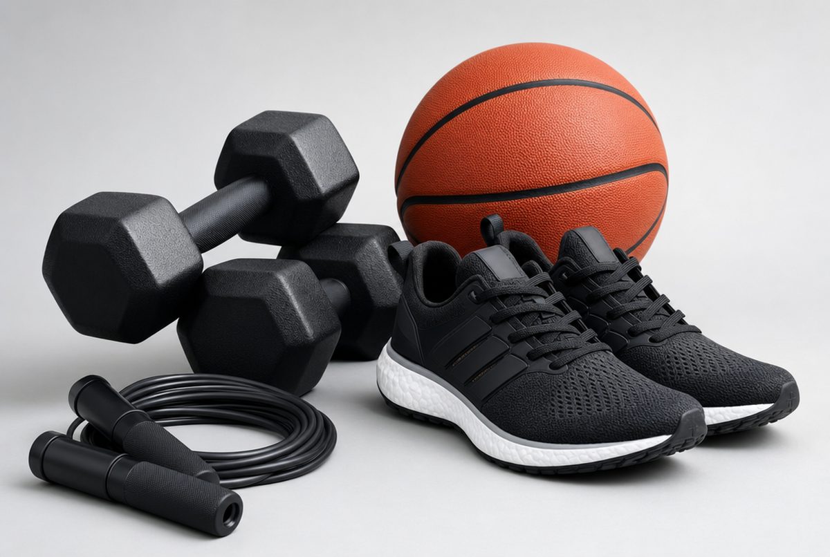 Dumbbells, a basketball, running shoes and a jump rope arranged as a sports and fitness product set