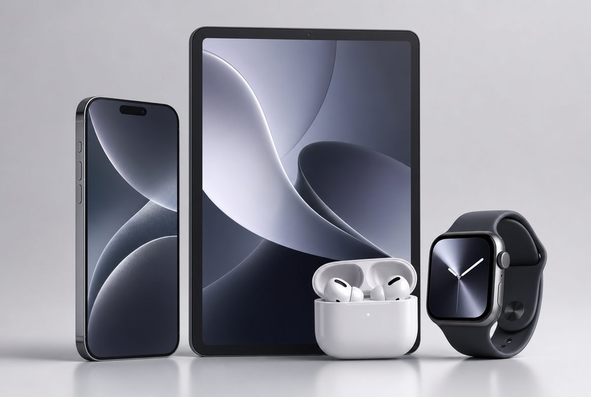 A smartphone, tablet, wireless earbuds and a smartwatch arranged as a consumer electronics product set