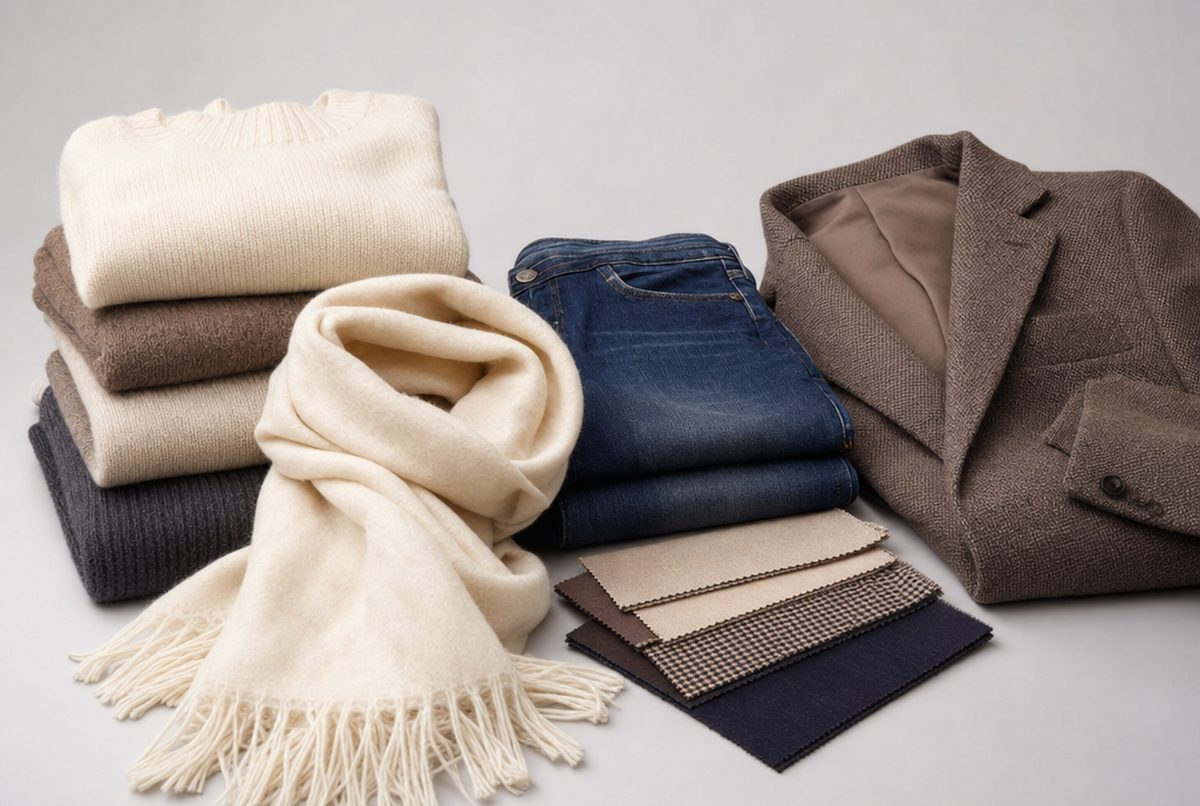 Folded knitwear, a cream scarf, denim and a tailored blazer arranged as a textiles and apparel product set