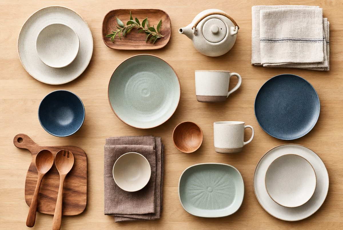Matte ceramic plates and bowls, a stoneware teapot and wooden utensils arranged as a home essentials product set