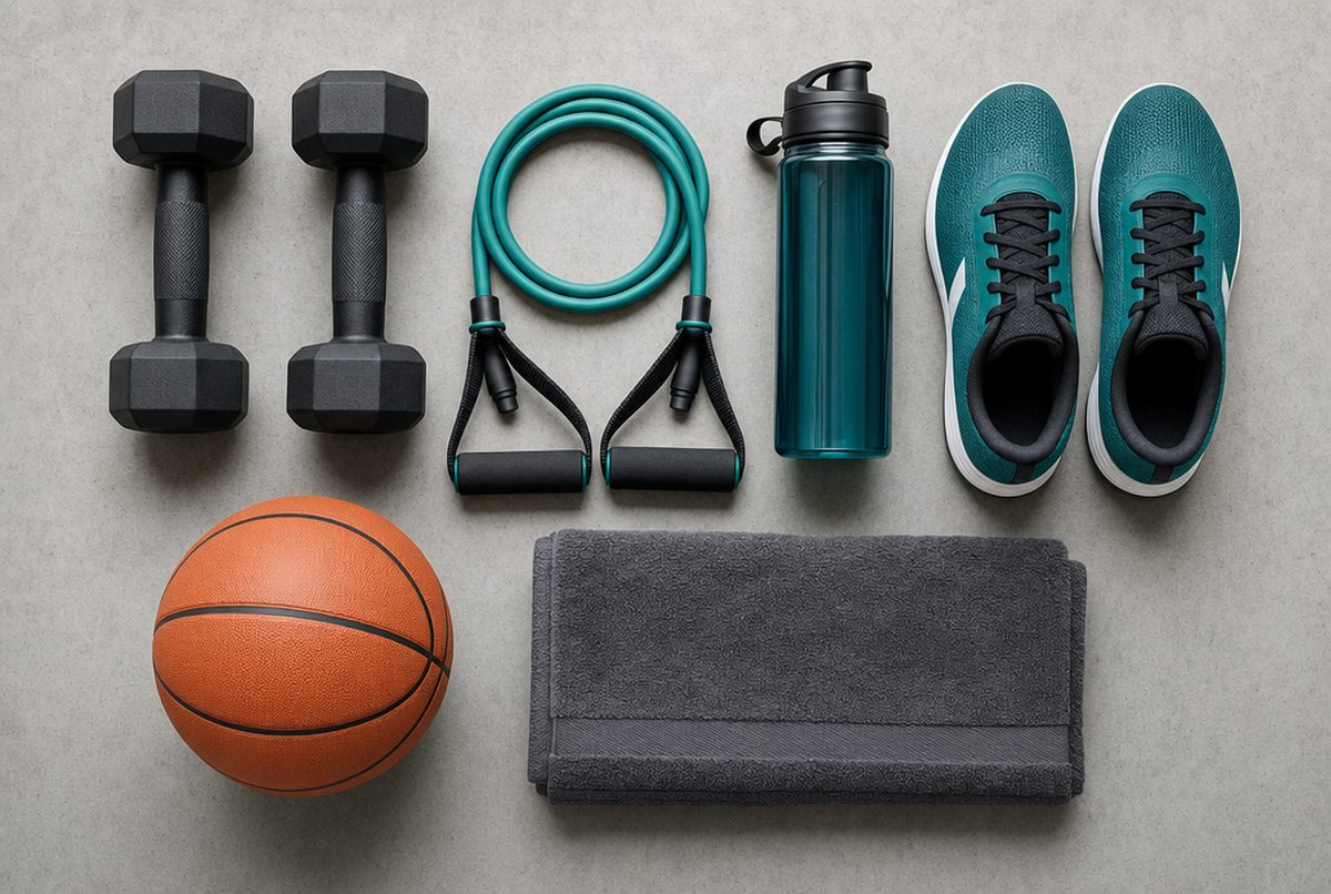 Dumbbells, a basketball, running shoes and a jump rope arranged as a sports and fitness product set