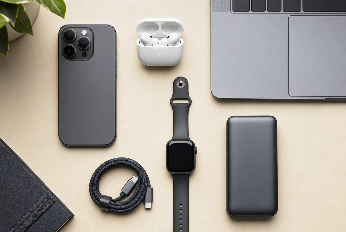 A smartphone, tablet, wireless earbuds and a smartwatch arranged as a consumer electronics product set