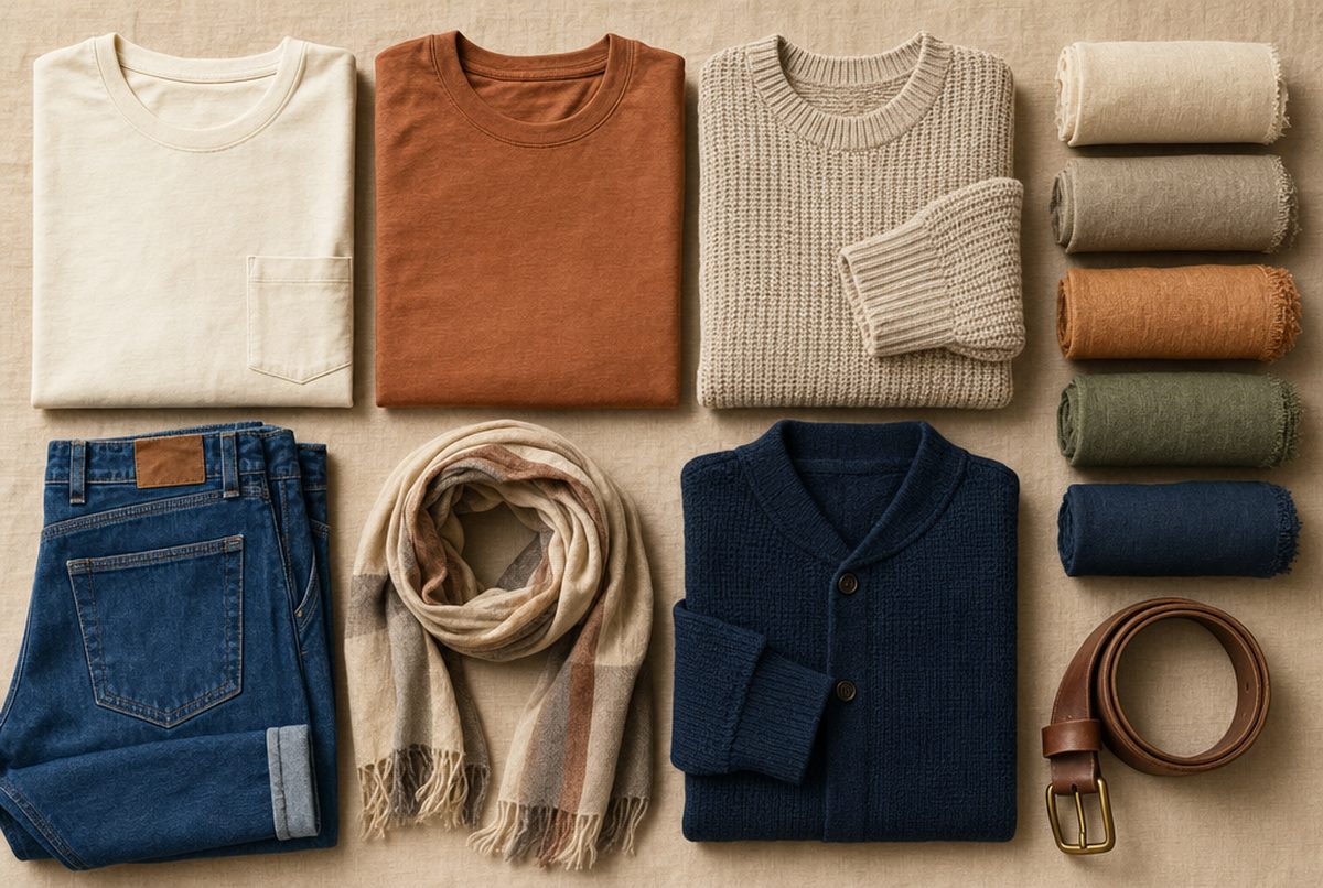 Folded knitwear, a cream scarf, denim and a tailored blazer arranged as a textiles and apparel product set