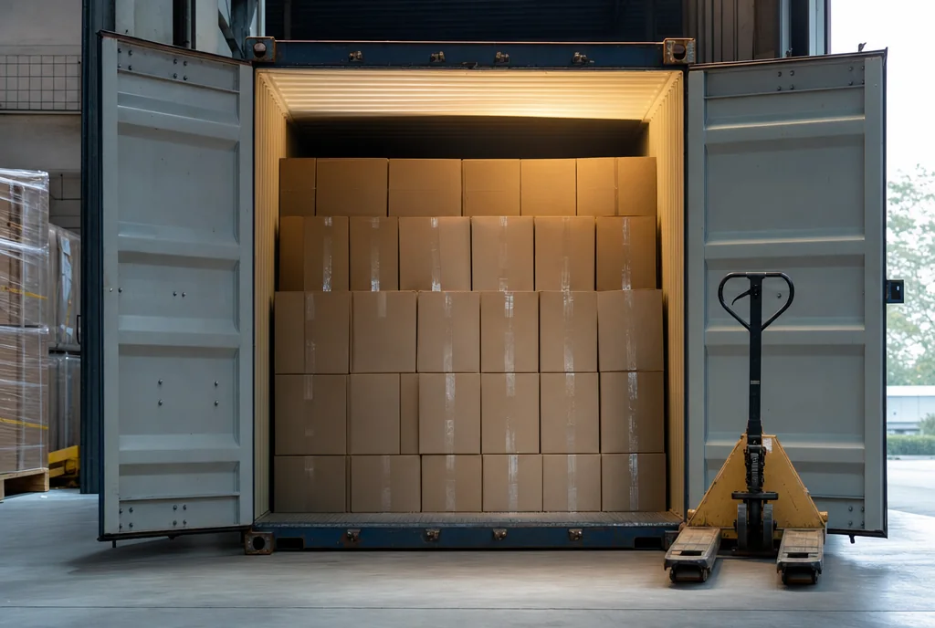 Container being stuffed with cartons at a dock