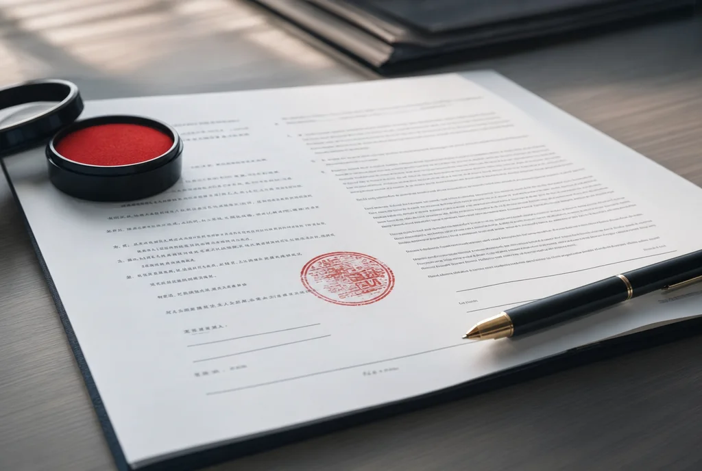 Bilingual purchase contract on a desk with a red Chinese company seal and an inkpad