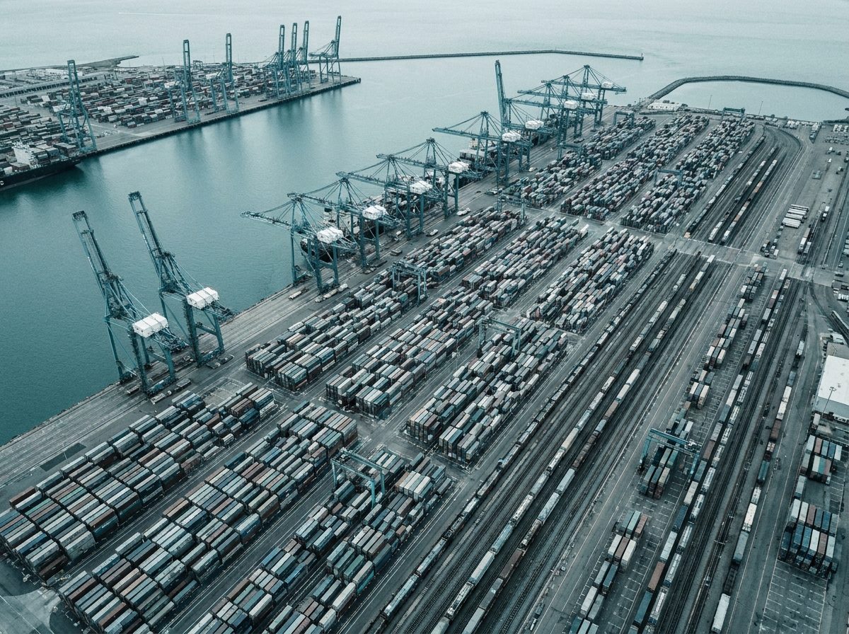 Container vessel departing a port terminal at golden hour