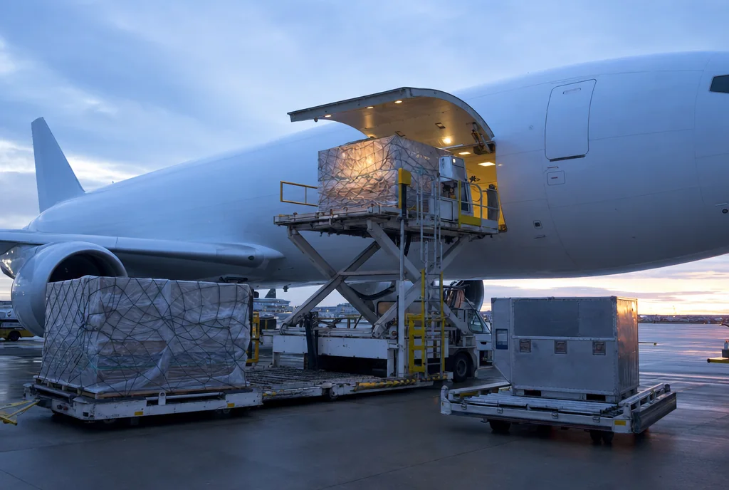 Air cargo pallets being loaded into a freighter aircraft at dawn