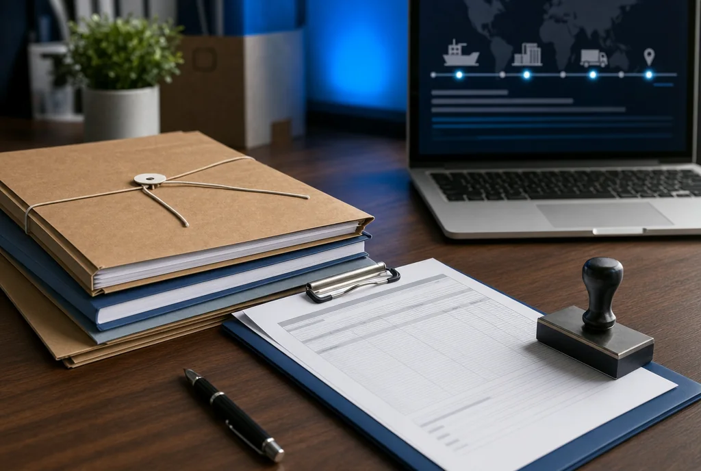 Export shipping document folders, a packing-list clipboard and a stamp on a desk
