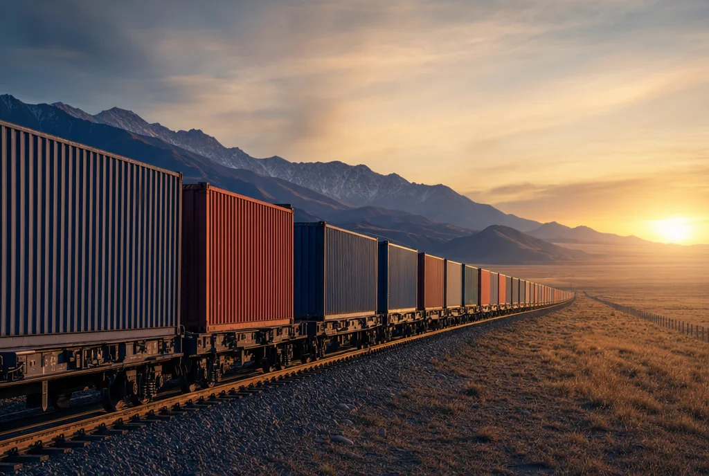 Freight train loaded with shipping containers crossing an open plain at golden hour