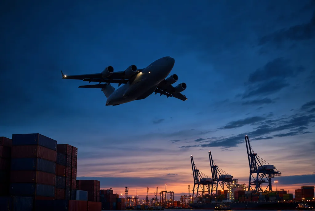 Cargo aircraft climbing over a container port at dusk