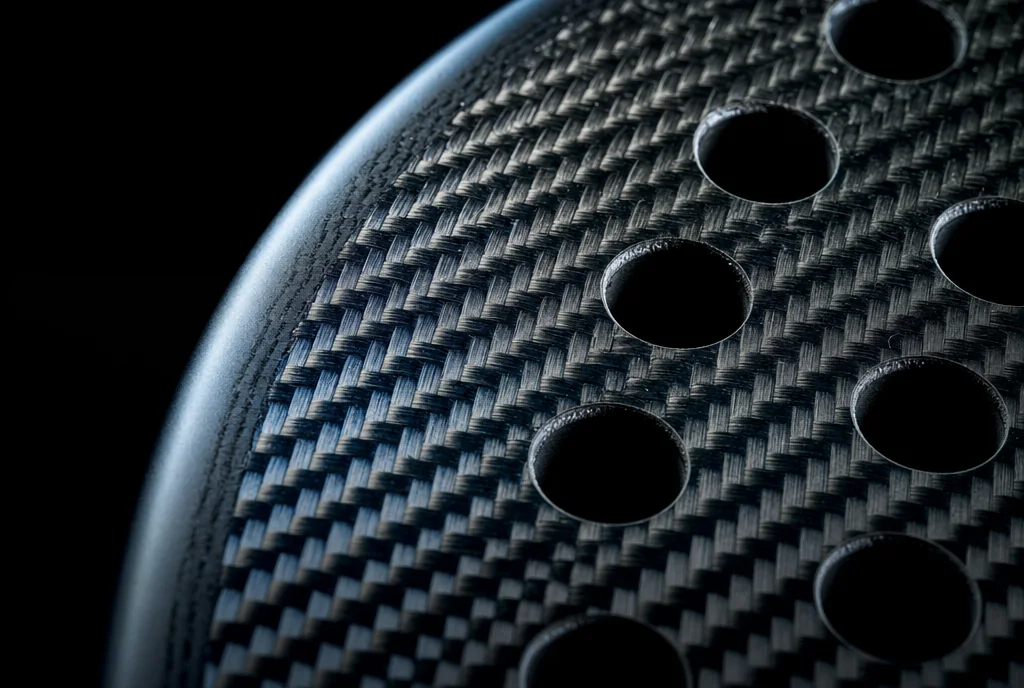 Macro of the woven carbon-fibre surface and perforated holes of a padel racket face