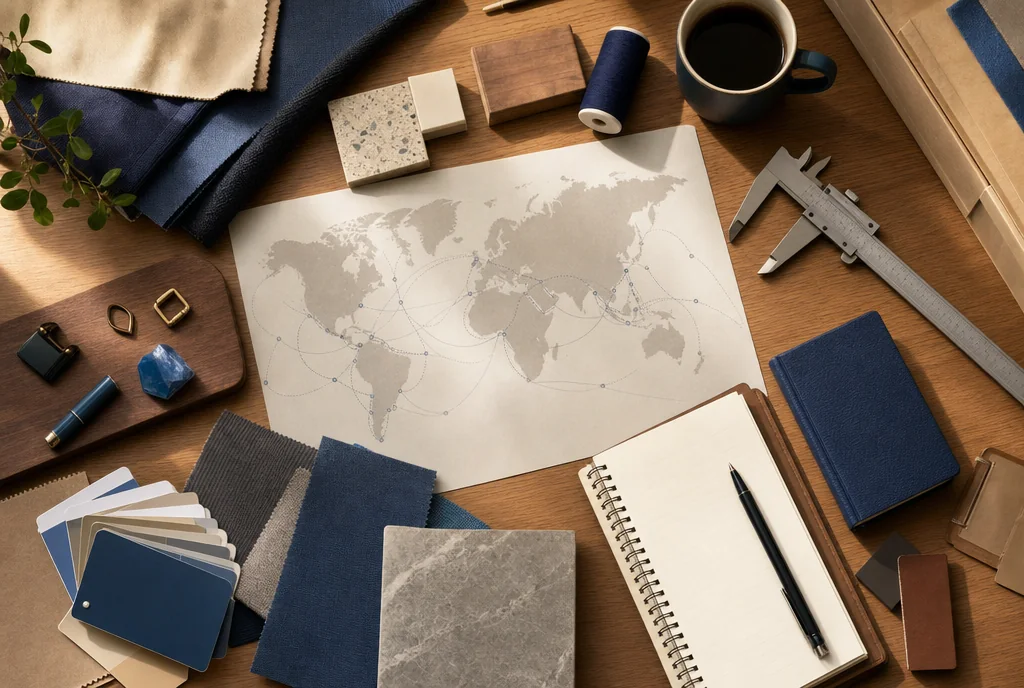 Overhead view of a sourcing desk with product samples, a caliper and colour swatches