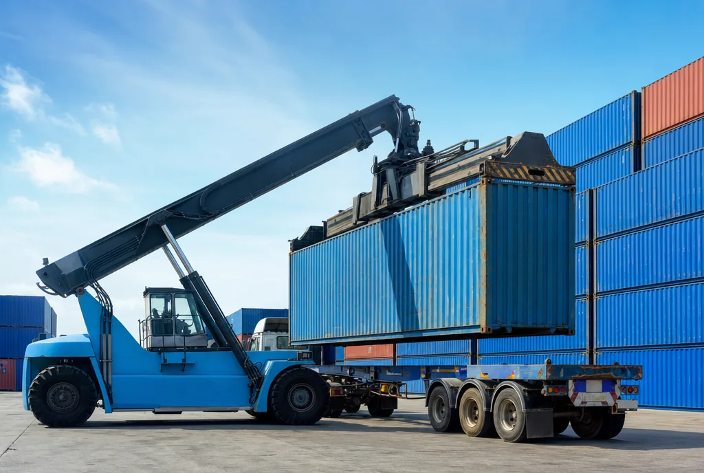 Reach stacker lifting a blue shipping container onto a truck chassis in a container yard