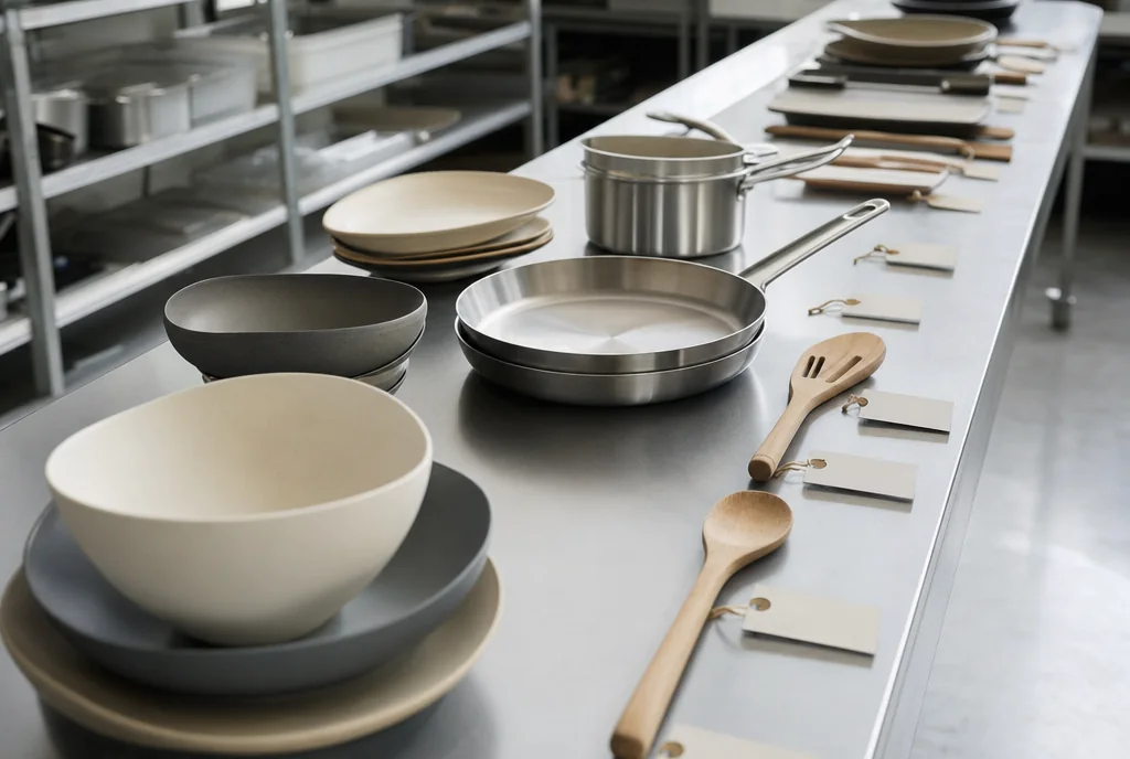 Ceramic bowls, steel pans and wooden utensils lined up on a factory inspection bench