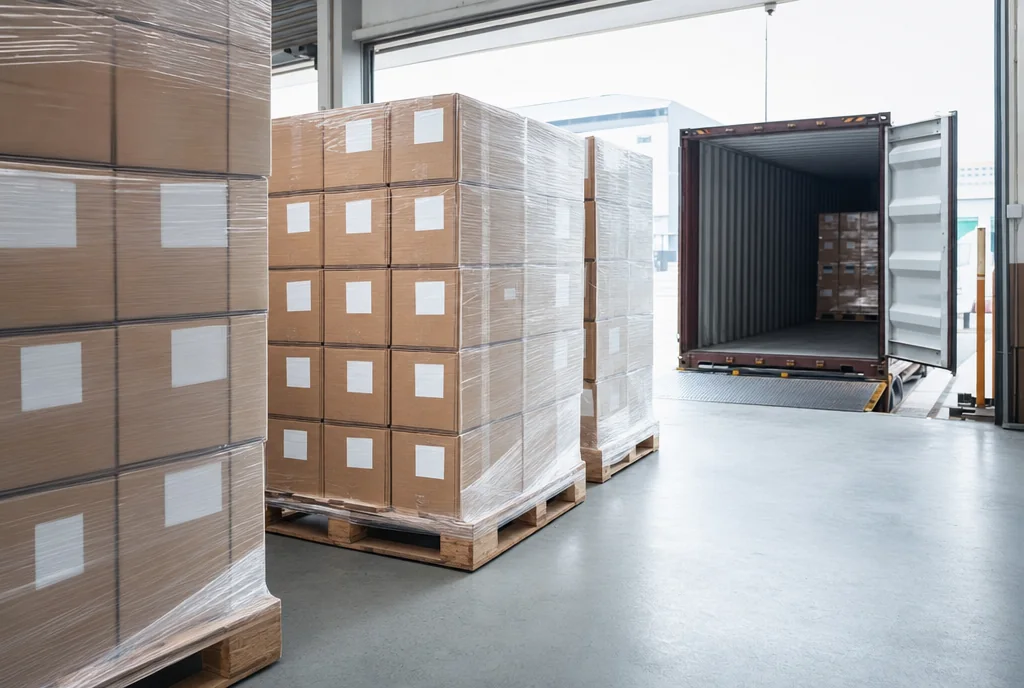 Stretch-wrapped pallets of export cartons in a loading bay with an open container door