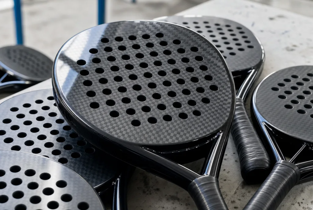 Stack of finished carbon-fibre padel rackets overlapping on a factory bench