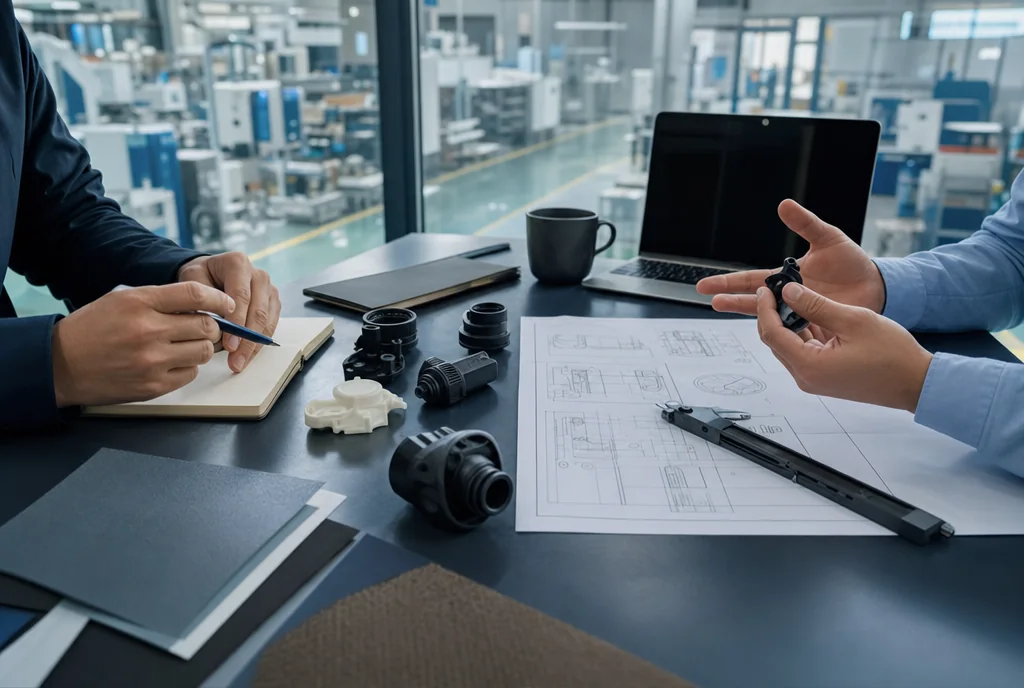 Sourcing negotiation table in a Chinese factory office with product samples and a printed specification