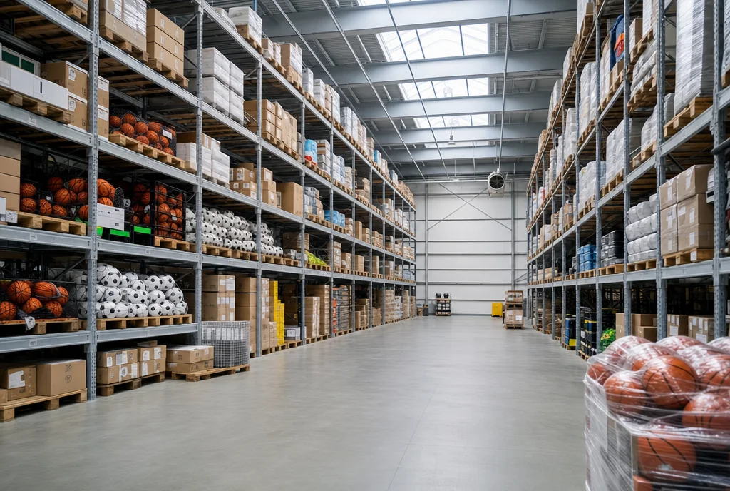Sports-goods warehouse with high steel shelving stacked with boxed equipment