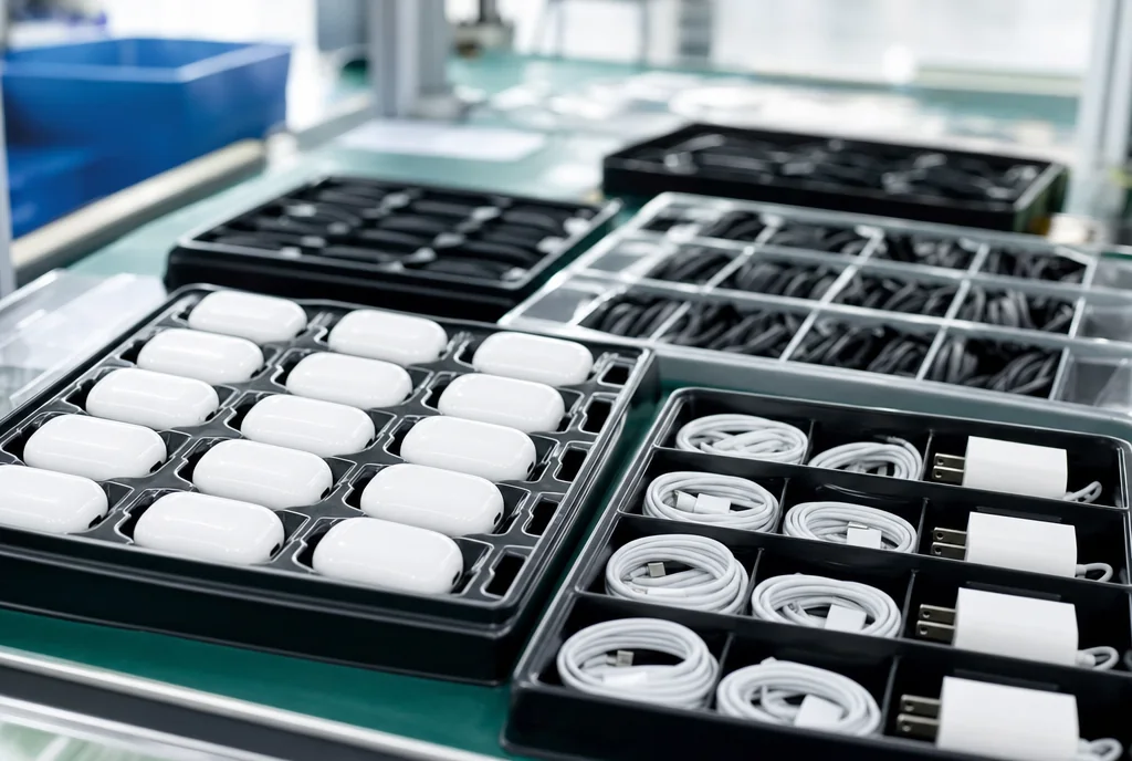 Consumer electronics accessories arranged in anti-static trays on an assembly bench