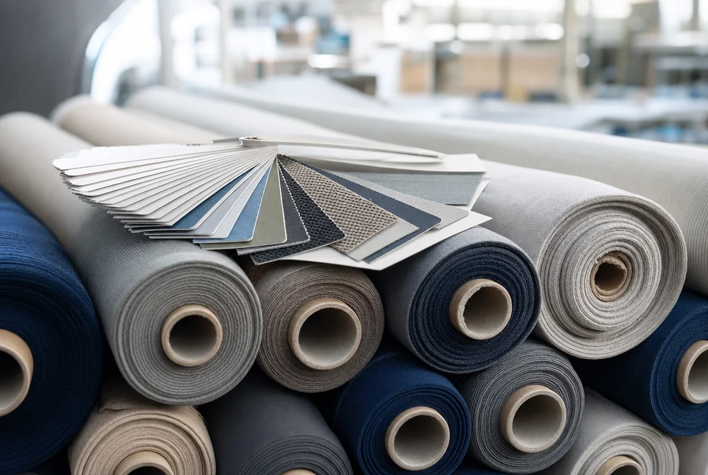 Rolls of performance fabric with a fan of colour swatches and lab-dip cards on top