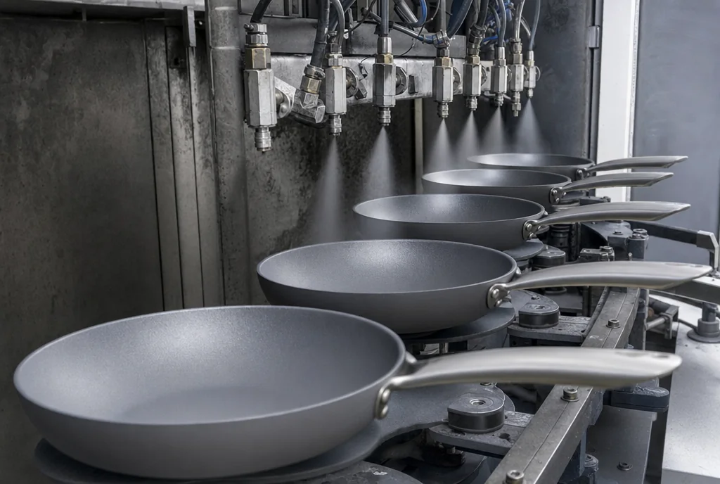 Non-stick coating being applied to aluminium pans on a production line