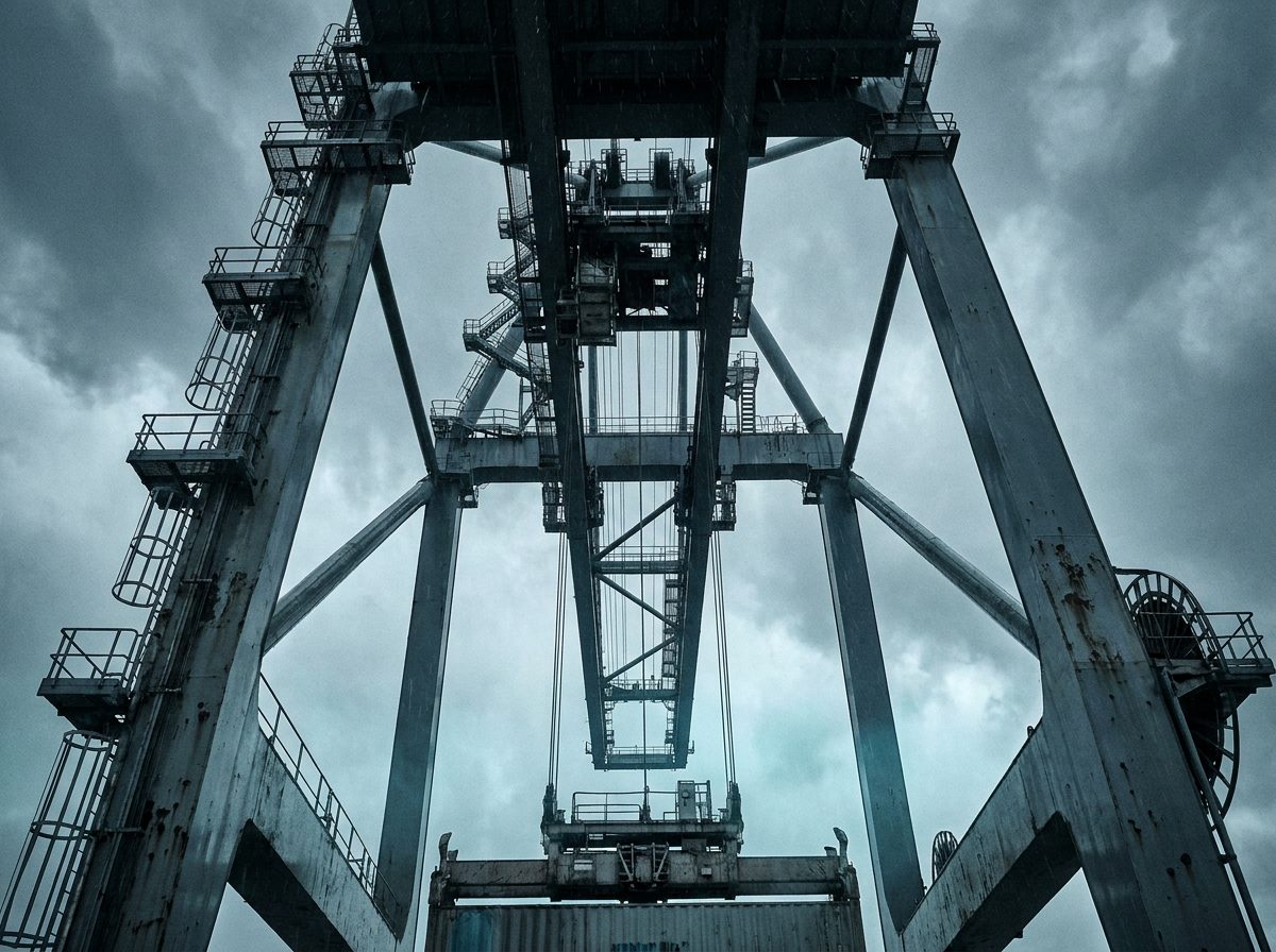 Ship-to-shore gantry crane lowering a spreader toward a container