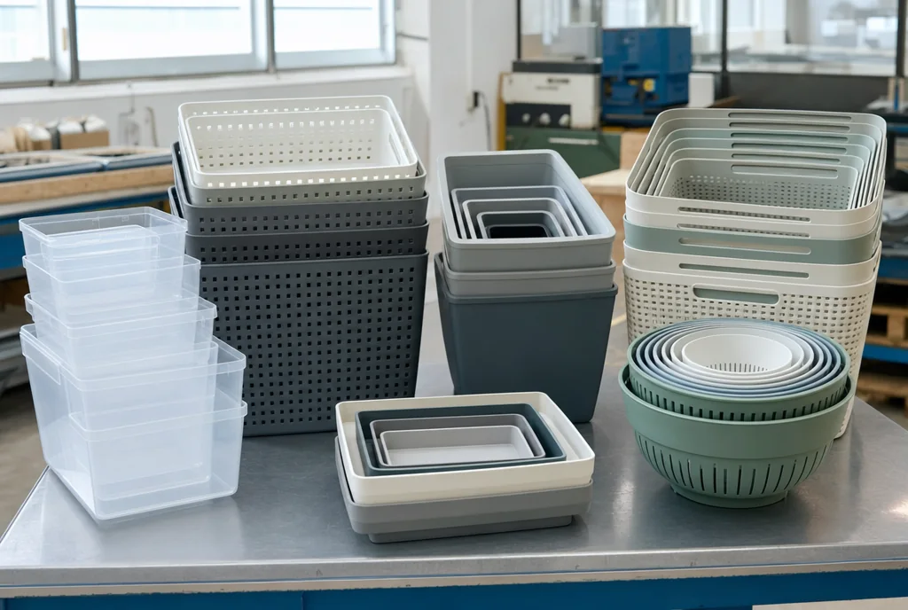 Plastic storage boxes and household organisers nested and stacked on a bench