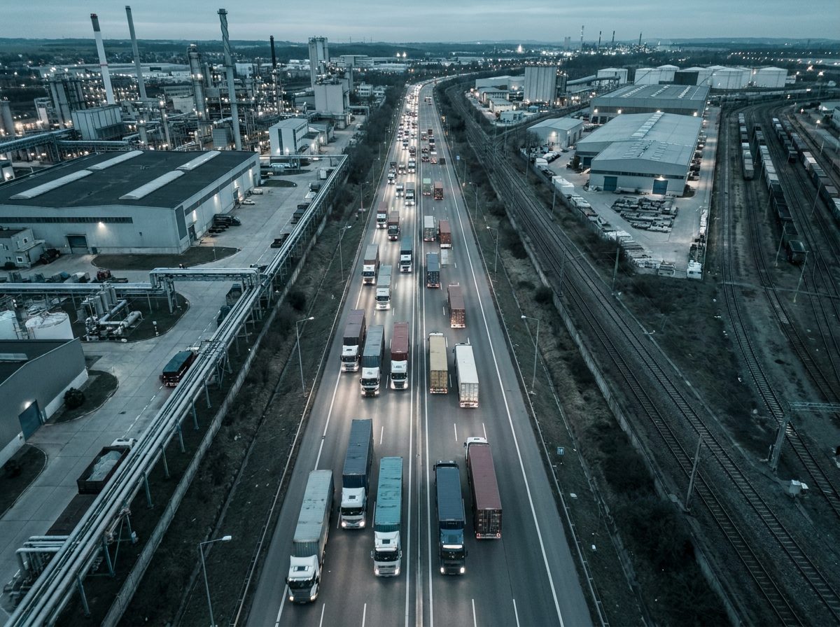 Fleet of container trucks on a multi-lane highway at dusk