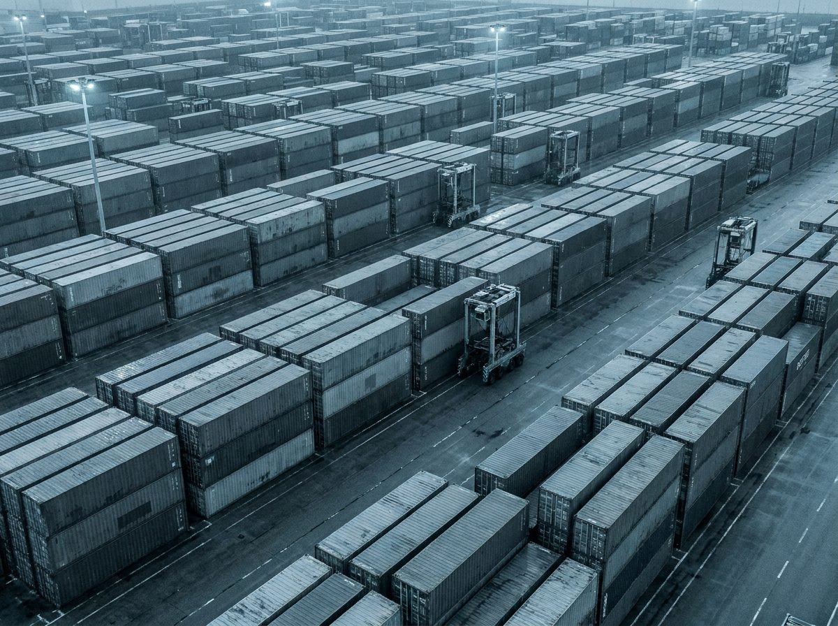 Aerial view of a vast container yard at blue hour