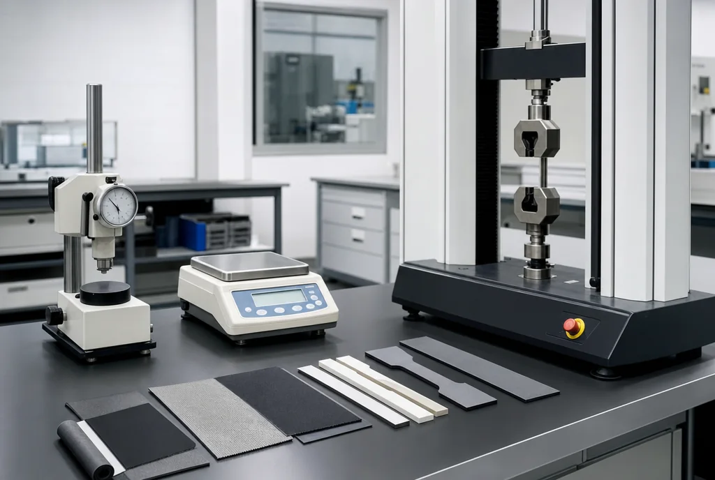 Testing laboratory bench with a durometer, a digital scale and material coupons