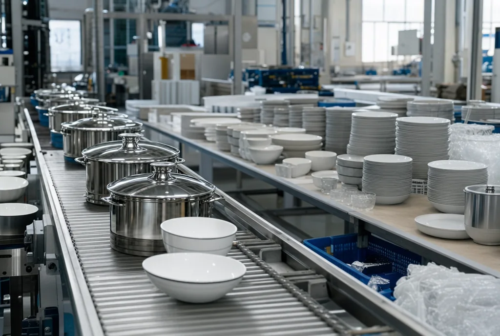 Home goods production line with kitchenware and tableware on a conveyor