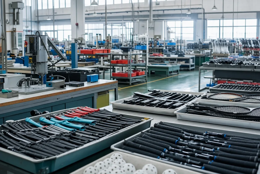 Sports equipment factory floor with fitness accessories in production trays