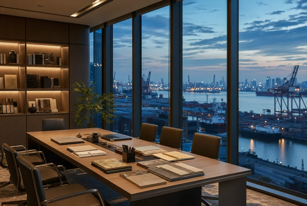 Meeting table with product samples and folders in a Guangzhou trading office overlooking an industrial river port