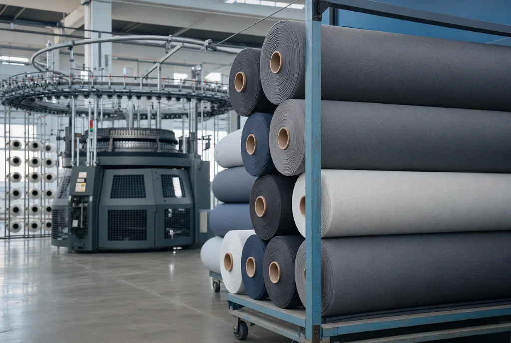Textile mill with rolls of woven performance fabric on racks