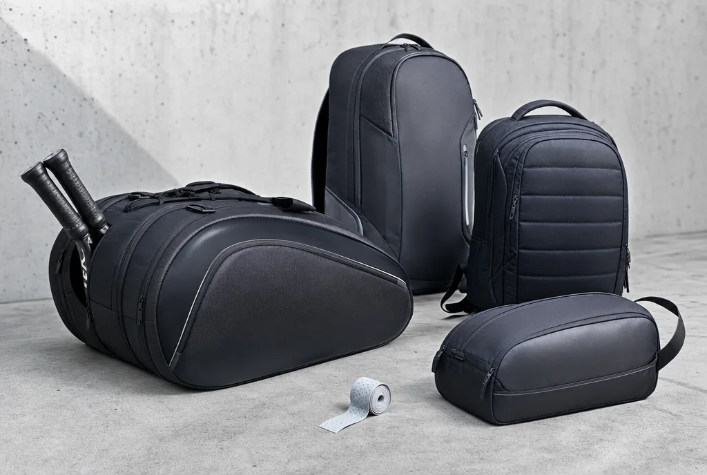 Padel racket bags and sports backpacks in dark technical polyester