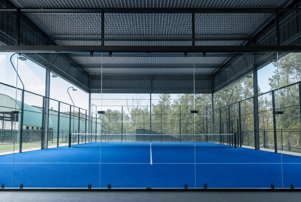 Modern padel court seen through the tempered glass back wall, with blue turf and steel structure