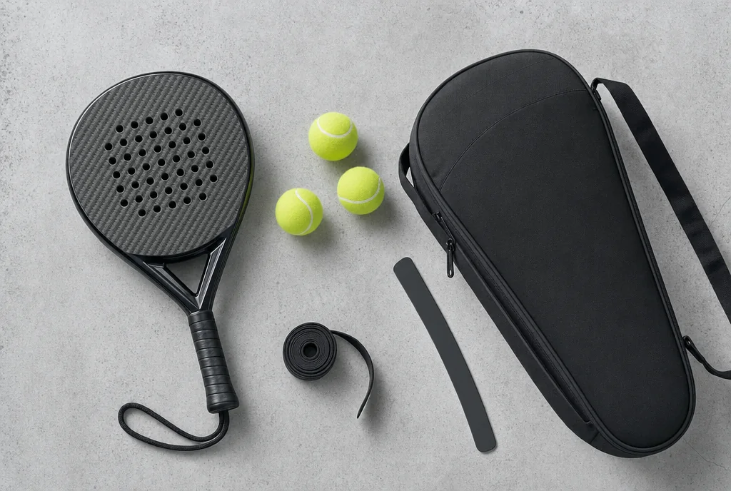 Flat-lay of a padel racket, balls, bag, overgrip and protector strip