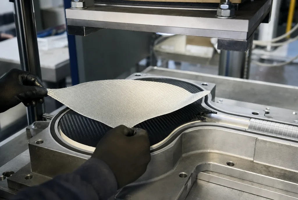 Carbon fibre sheets being laid into a padel racket mould inside a heated press