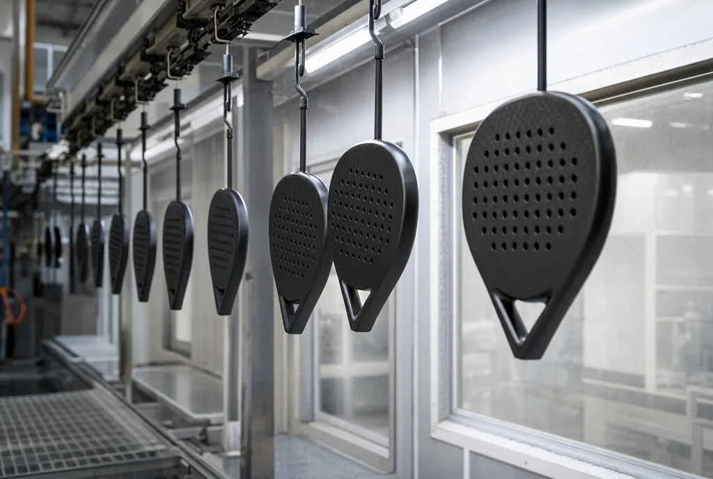 Spray-painting and finishing line for carbon padel rackets in a factory