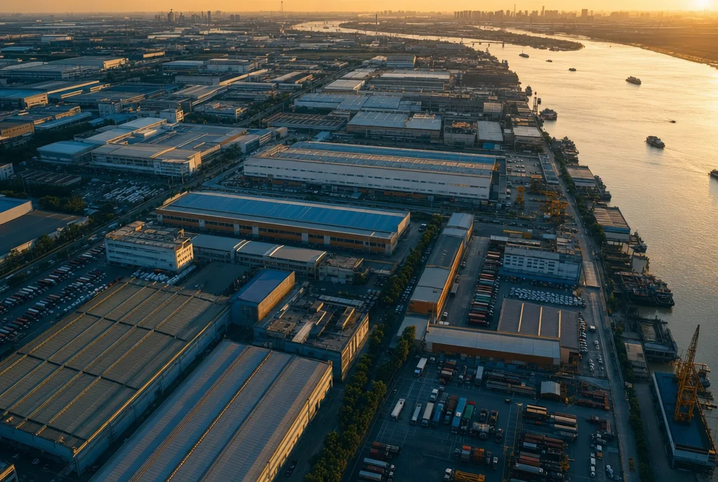 Aerial view of an industrial manufacturing district in the Pearl River Delta