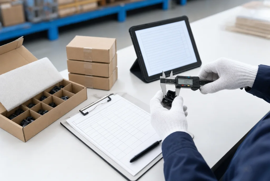 Gloved hands measuring a product sample with calipers on an inspection table