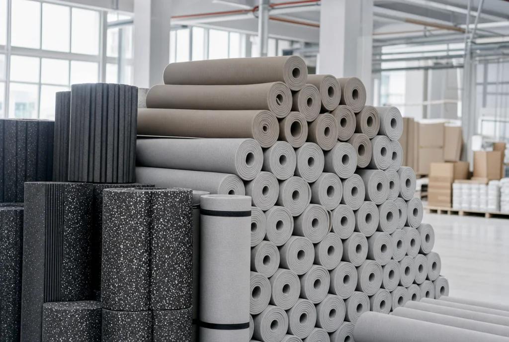 Rolled yoga mats and foam rollers stacked in a bright factory storage area