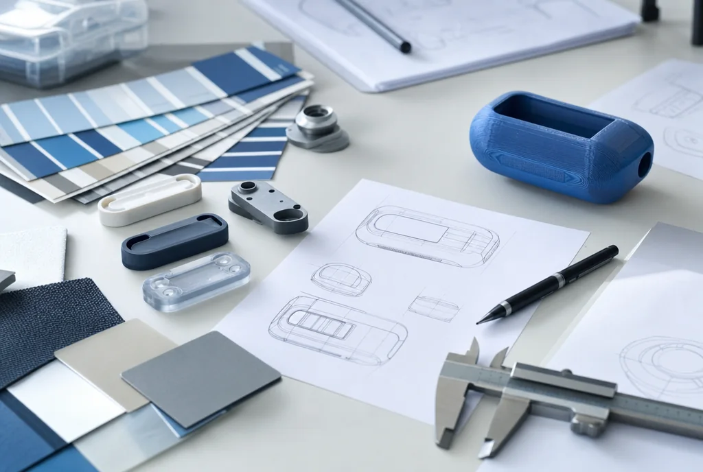 Development bench with prototype samples, swatches and technical drawings