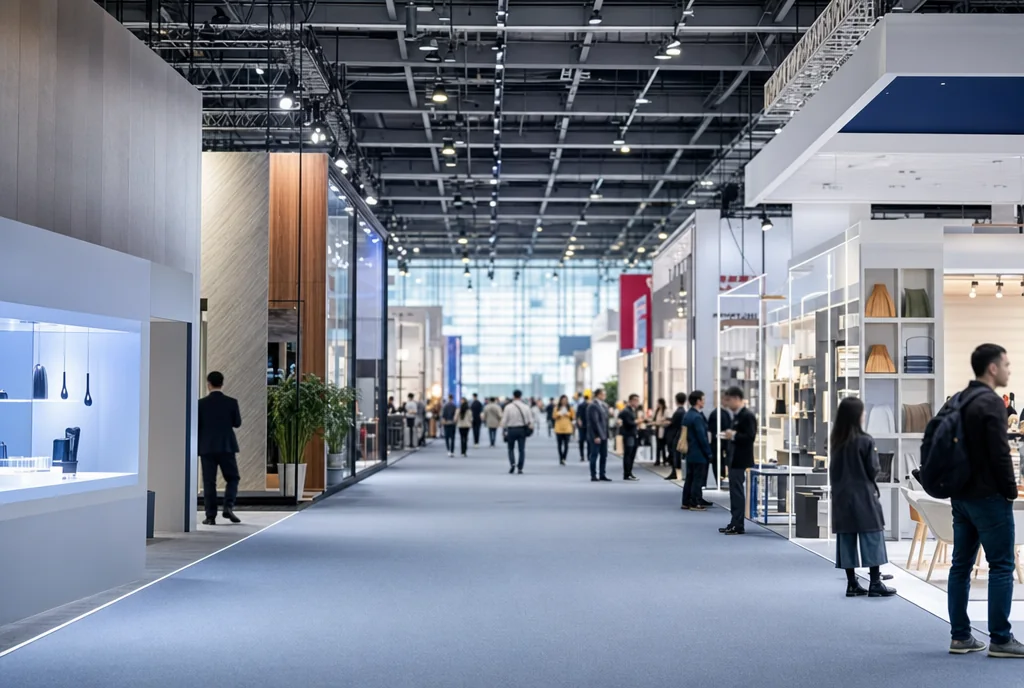 Wide aisle of a trade fair exhibition hall with modular booths