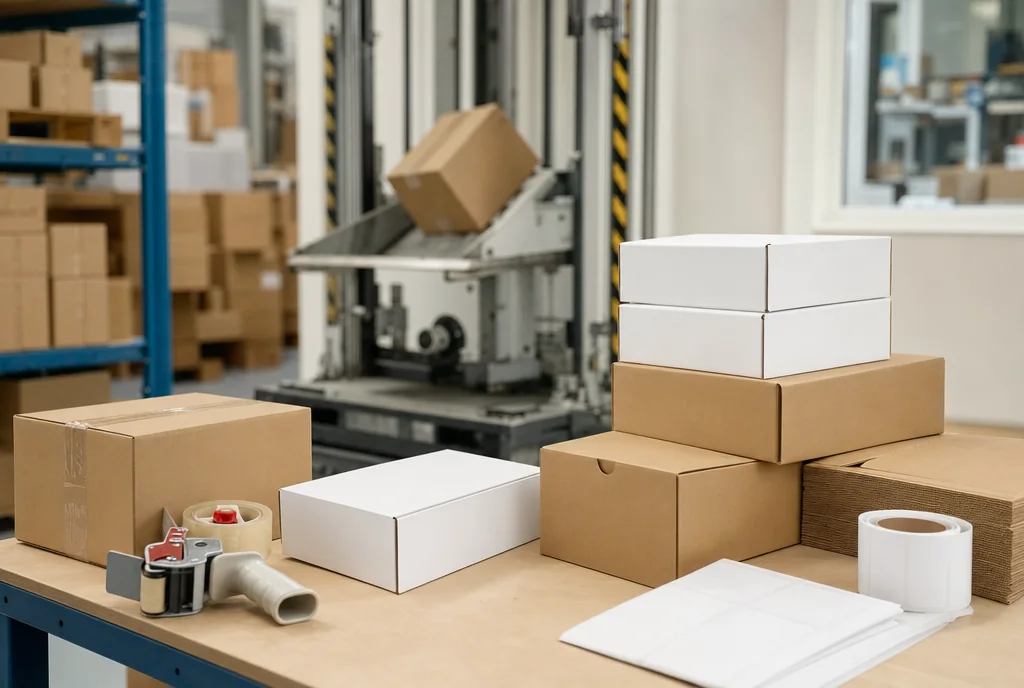 Export cartons and retail packaging on a packing bench with a drop-test rig behind