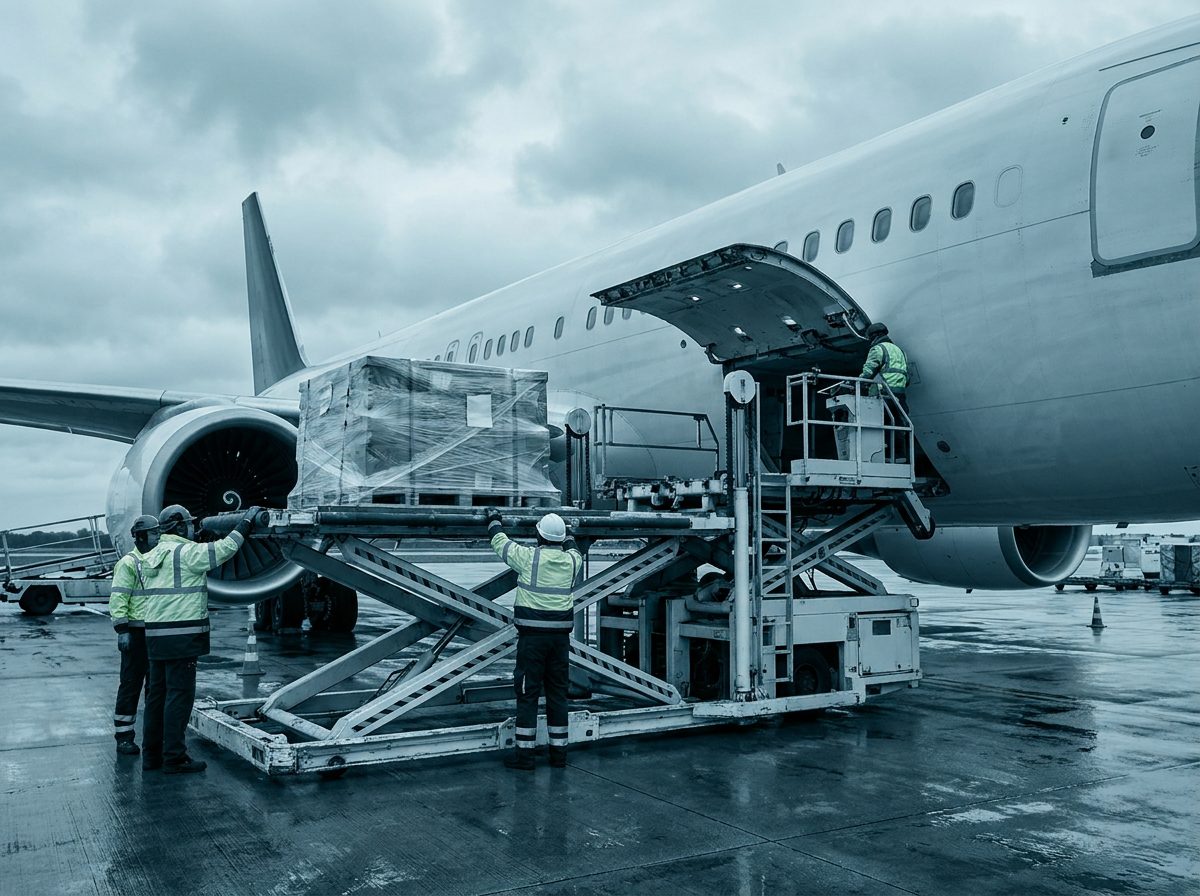 Palletized air cargo being loaded for priority freight