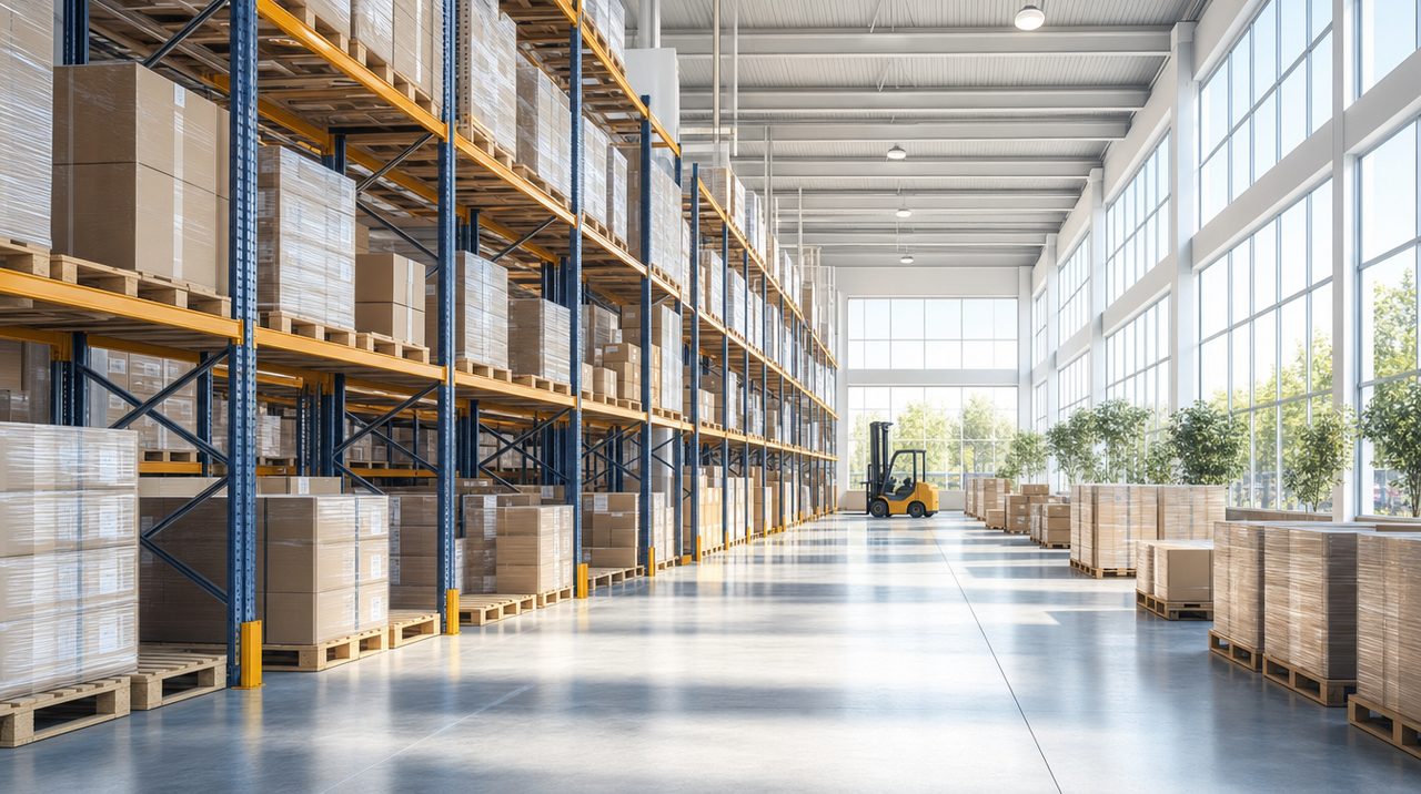 Bright modern distribution warehouse with organized shelving and palletized boxes